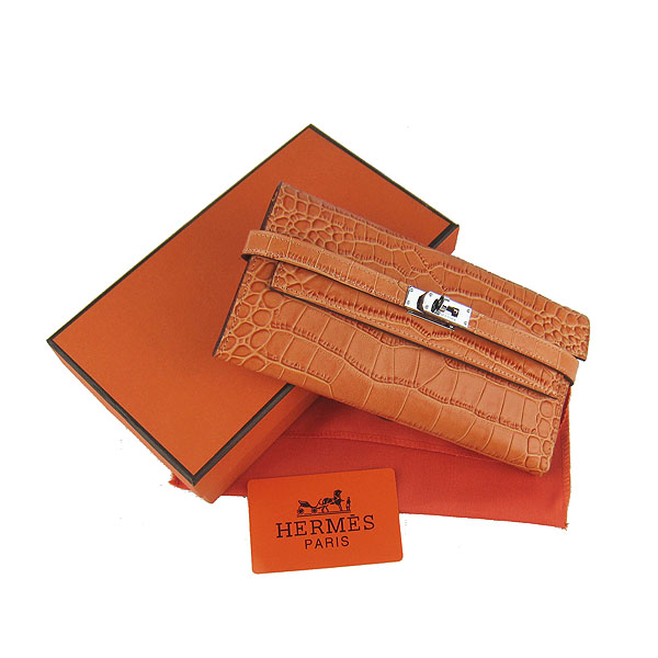 High Quality Hermes Kelly Crocodile Veins Long Clutch Bag Orange H009 Replica